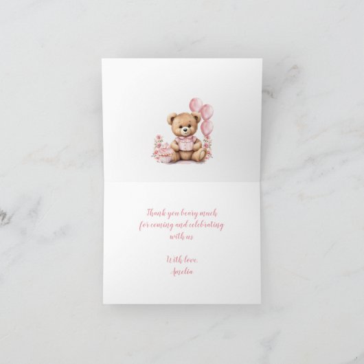 Beer 1e Verjaardag Roze Nummer Ballonnen Teddy Bee Bedankkaart (Binnen)