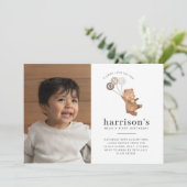 Beer 3 bruine ballonnen foto 1e verjaardag uitnodi kaart (Staand voorkant)