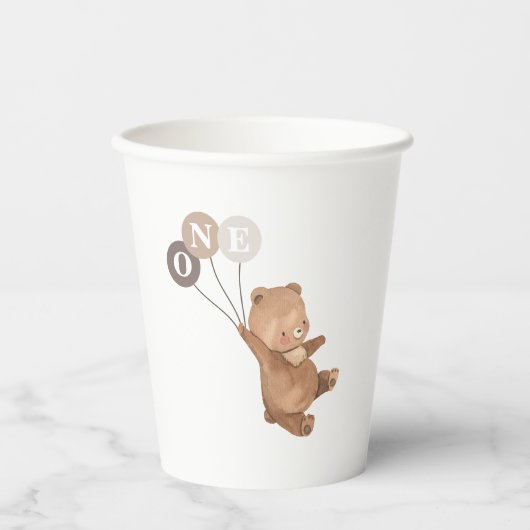 Beer 3 Bruine Balloons 1e verjaardag Papieren Bekers (Voorkant)