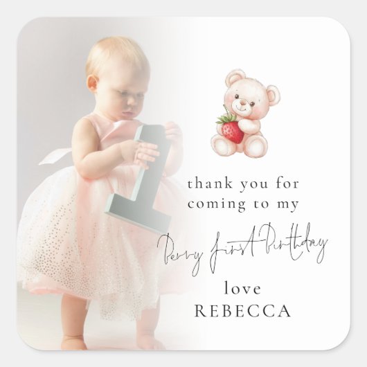 Beer Aardbei Foto Berry Eerste Verjaardag Bedankt Vierkante Sticker (Voorkant)