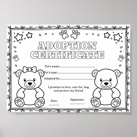Beer adopteert een huisdier kleurcertificaat poster (Voorkant)