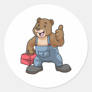 Beer als ambachtsman met gereedschapsdoos ronde sticker