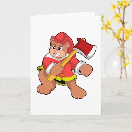 Beer als brandweerman met bijl kaart (Gele Bloem)