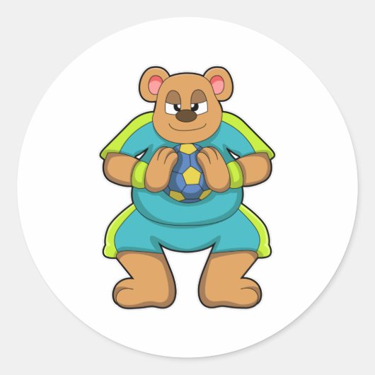 Beer als handballspeler met handbal ronde sticker (Voorkant)