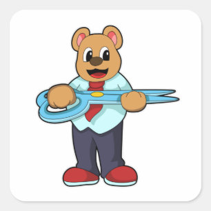 Beer als kapper met schaar vierkante sticker
