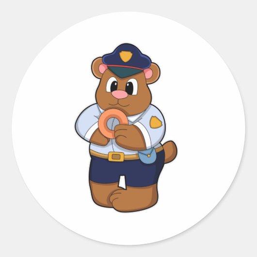Beer als politieagent met politieuniform en donut ronde sticker (Voorkant)
