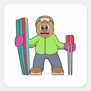 Beer als skiër met skipolen en skipolen vierkante sticker