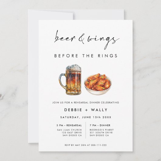 Beer and Wings Before the Rings Rehearsal Dinner Kaart (Voorkant)
