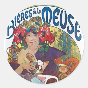  Beer Art Nouveau Alphonse Mucha Ronde Sticker