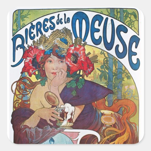  Beer Art Nouveau Alphonse Mucha Vierkante Sticker (Voorkant)