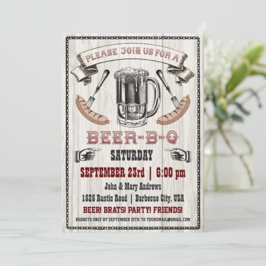 Beer-B-Q partijuitnodiging voor hout Kaart (Staand voorkant)