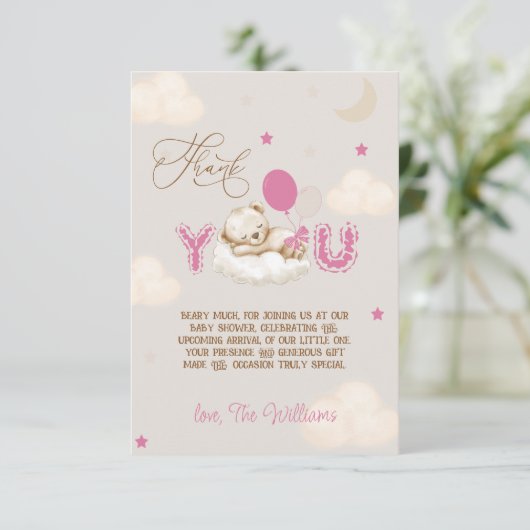 Beer Baby shower Beary Much Pink Bedankkaart (Staand voorkant)