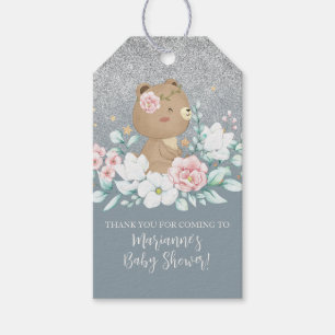 Beer Baby Shower Bloem Glitter Gedempte Blauwe Cadeaulabel