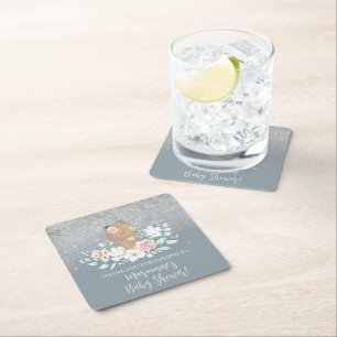 Beer Baby Shower Bloem Glitter Gedempte Blauwe Kartonnen Onderzetters