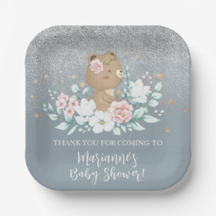 Beer Baby Shower Bloem Glitter Gedempte Blauwe Papieren Bordje