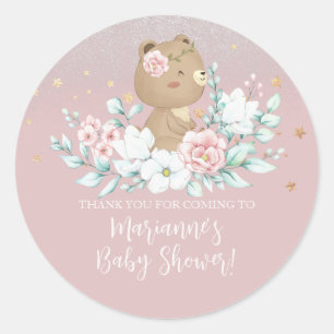 Beer Baby Shower Bloem Glitter Gedempte Roze Ronde Sticker