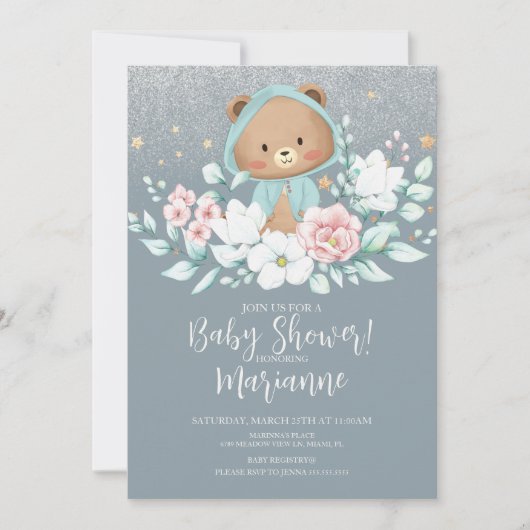 Beer Baby shower Floral Glitter Dusty Blue Kaart (Voorkant)