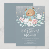 Beer Baby shower Floral Glitter Dusty Blue Kaart (Voorkant / Achterkant)