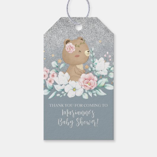 Beer Baby shower Floral Glitter Muted Blue Cadeaulabel (Voorkant)