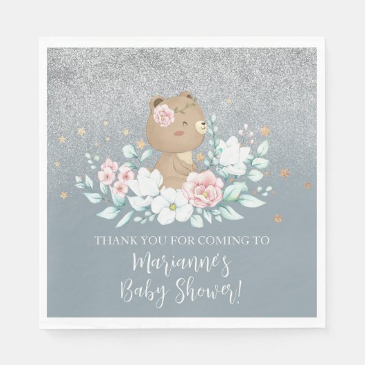 Beer Baby shower Floral Glitter Muted Blue Servet (Voorkant)