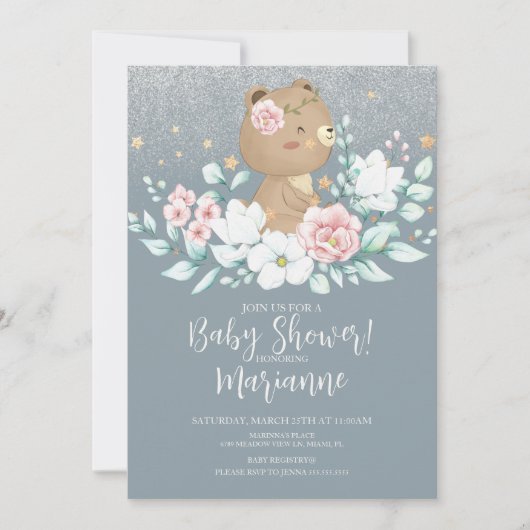 Beer Baby shower Floral Glitter Muted Pink Blue Kaart (Voorkant)