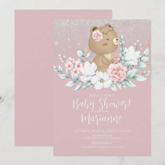 Beer Baby shower Floral Glitter Muted Pink Kaart (Voorkant / Achterkant)