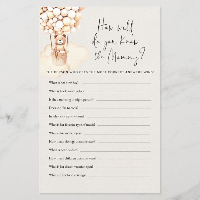 Beer Baby shower Game hoe goed je weet (Voorkant)