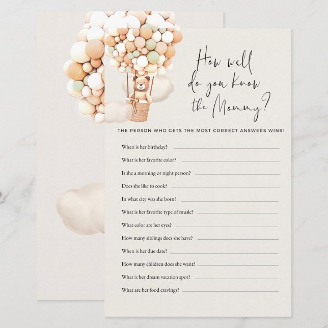 Beer Baby shower Game - Hoe goed ken je mama? (Voorkant / Achterkant)