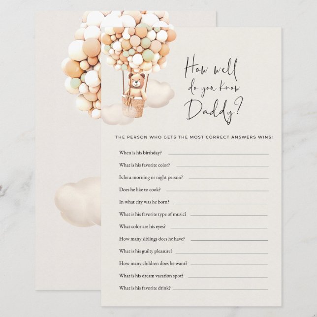 Beer Baby shower Game - Hoe goed ken je papa? (Voorkant / Achterkant)