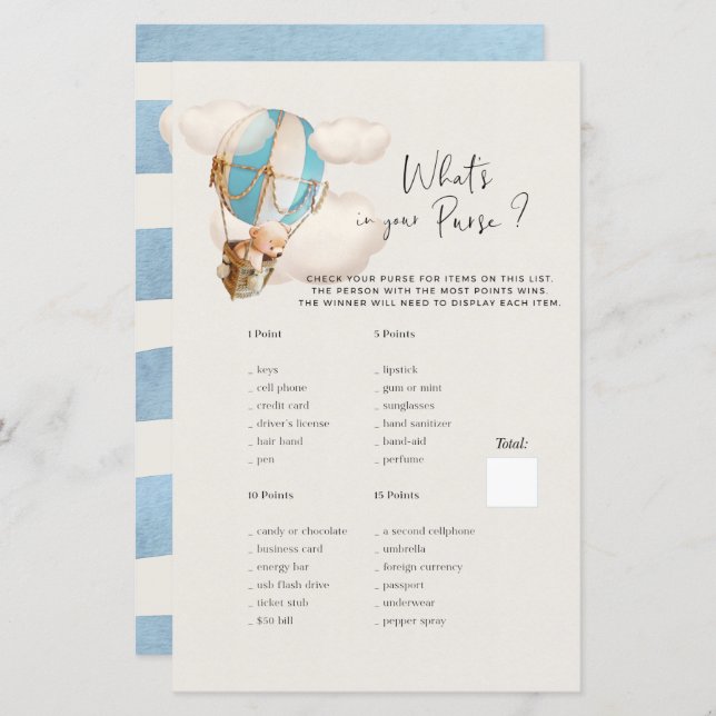 Beer Baby shower Game - Wat zit er in je tas? (Voorkant / Achterkant)