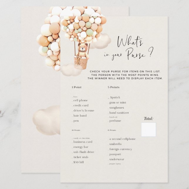 Beer Baby shower Game - Wat zit er in je tas? (Voorkant / Achterkant)