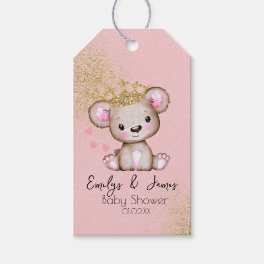 Beer Baby Shower Prinses Glitter Roze B Cadeaulabel (Voorkant)