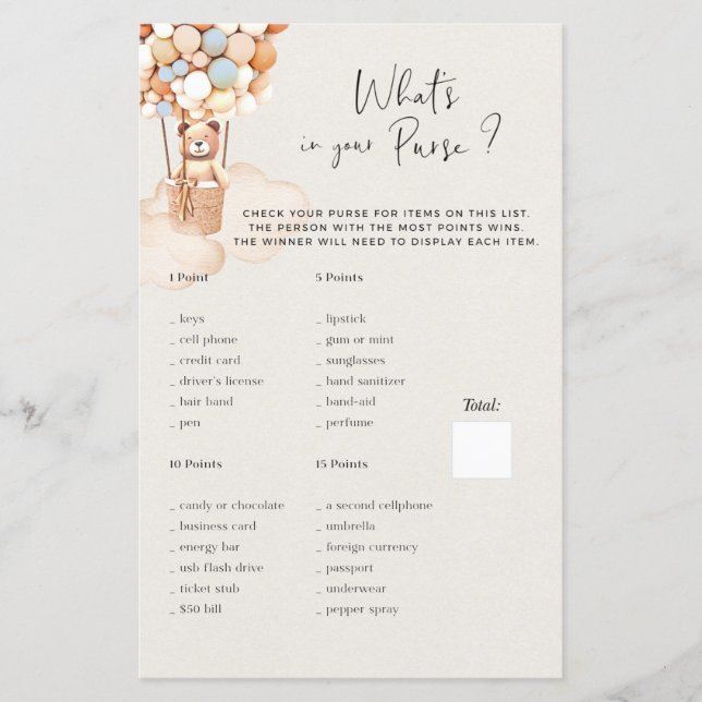 Beer Baby shower speelt wat in je tas? (Voorkant)