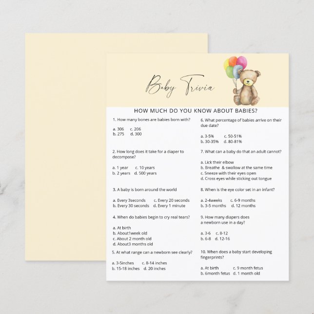 Beer - Baby Trivia | BABY SHOWER (Voorkant / Achterkant)