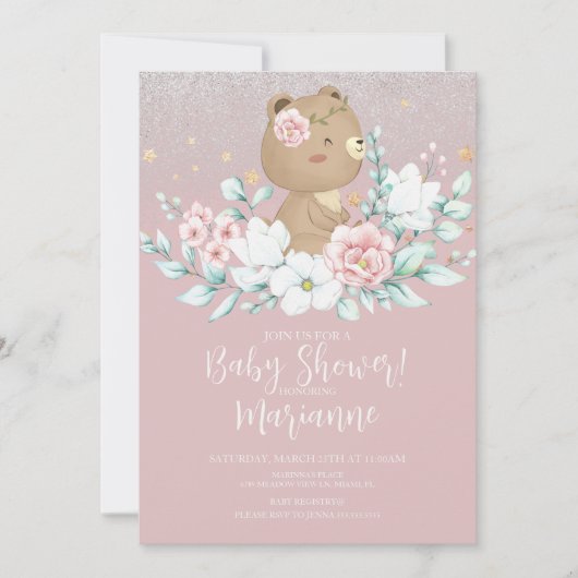 Beer Babyshower Bloem Glitter Gedempte Roze Kaart (Voorkant)