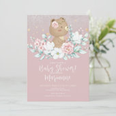 Beer Babyshower Bloem Glitter Gedempte Roze Kaart (Staand voorkant)