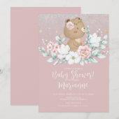 Beer Babyshower Bloem Glitter Gedempte Roze Kaart (Voorkant / Achterkant)