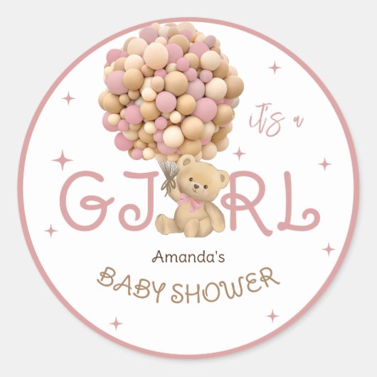 Beer Ballonnen Roze baby meisje douche Ronde Sticker (Voorkant)