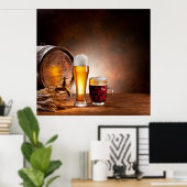Beer barrel with beer glasses on a wooden table 2 poster (Thuiskantoor)