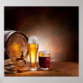 Beer barrel with beer glasses on a wooden table 2 poster (Voorkant)