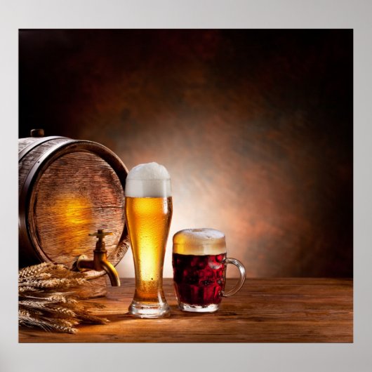 Beer barrel with beer glasses on a wooden table 2 poster (Voorkant)