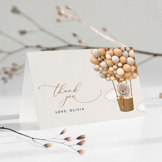 Beer, beige ballonnen, heteluchtballon, Baby showe Bedankkaart