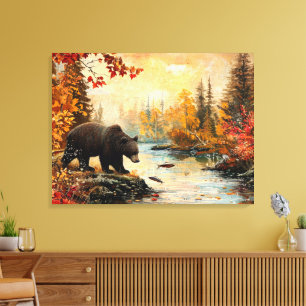  Beer bij de Creek Autumn Foliage 32x24 Canvas Afdruk