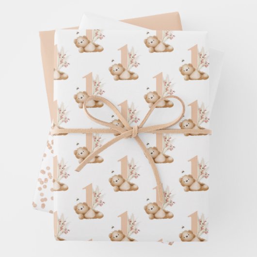 Beer & Bij Eerste Verjaardag Inpakpapier Vel (In situ)