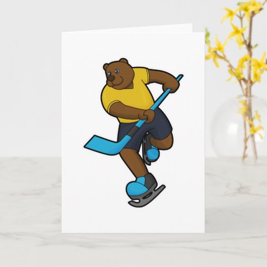 Beer bij ijshockey met ijshockeystick kaart (Gele Bloem)