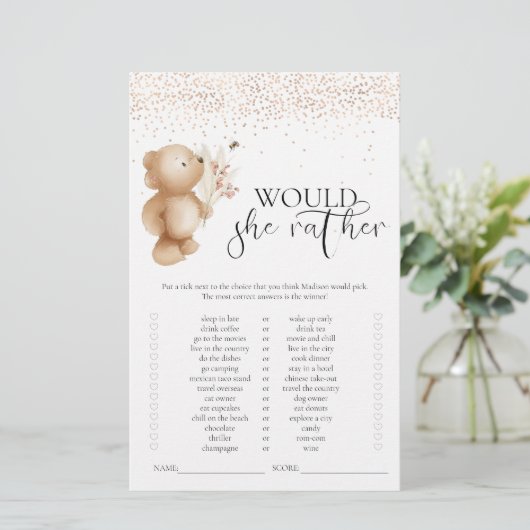 Beer & Bij 'Zou Zij Liever' Baby Shower Spel (Staand voorkant)