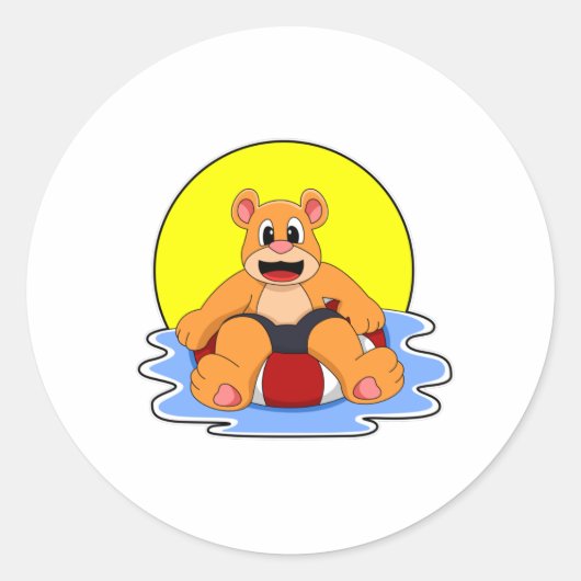 Beer bij zwemmen met draaiende ring ronde sticker (Voorkant)
