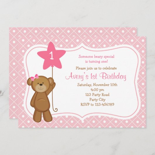 Beer Birthday Uitnodiging - Meisje 1ste verjaardag (Voorkant / Achterkant)