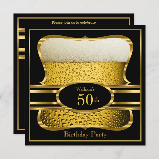 Beer Black Gold Birthday Party Invitation 2 Kaart (Voorkant / Achterkant)