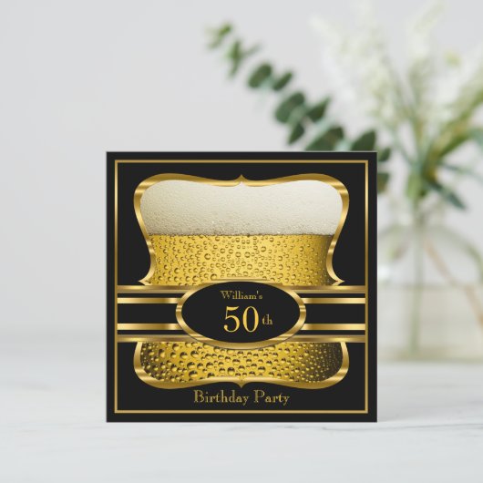 Beer Black Gold Birthday Party Invitation 2 Kaart (Staand voorkant)